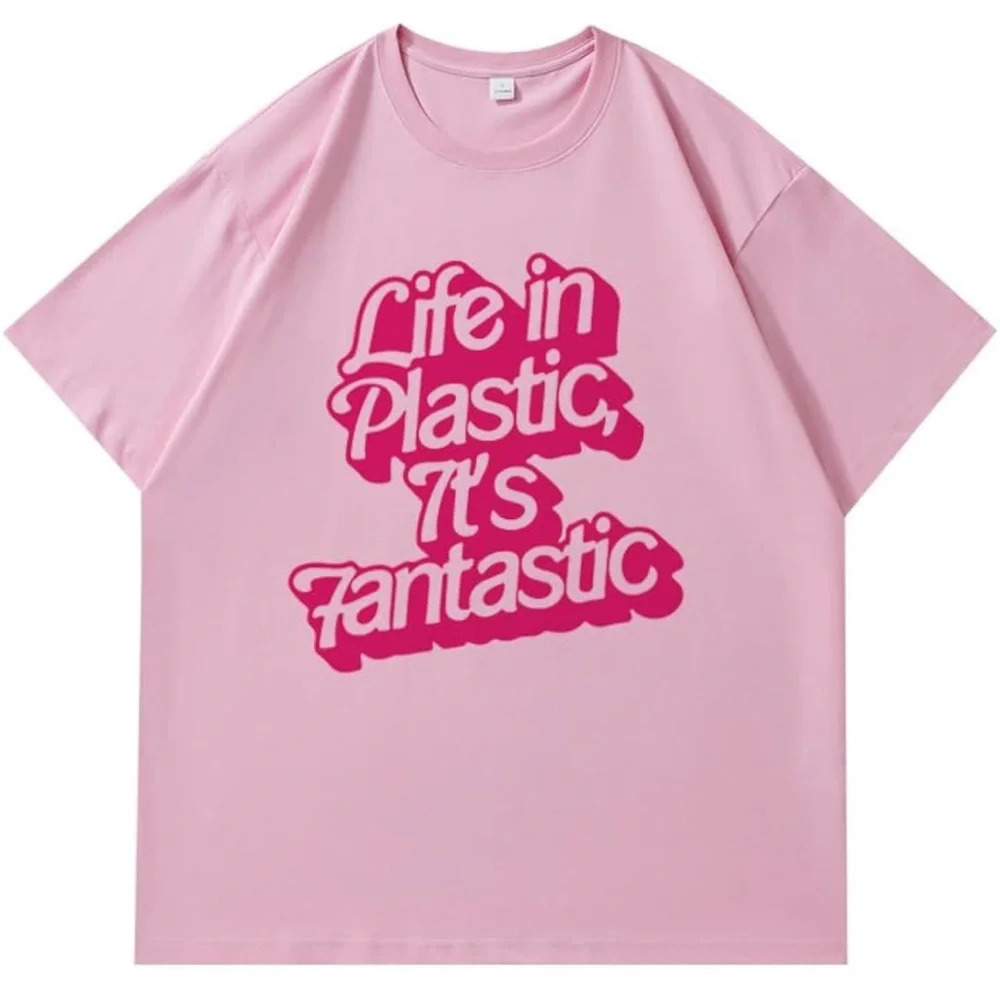 Woman’s Pink T-shirtLife in Plastic It's fanstic Funny Shirt Tees Short Sleeve